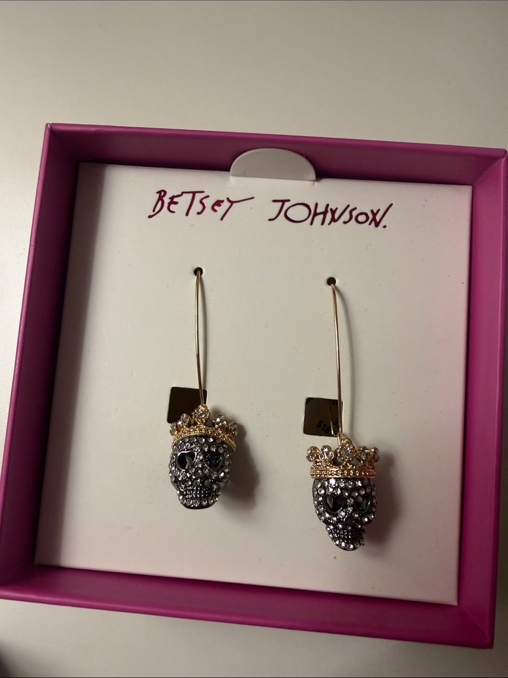 Betsey Johnson Gold Tone & Black Crystal Crown Skull Drop Earrings